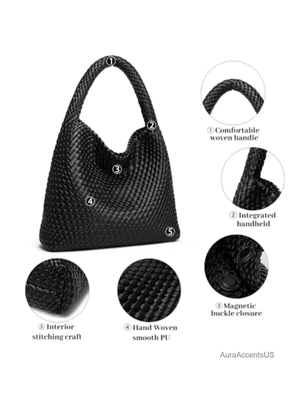 Large Woven Hobo Shoulder Bag Faux Leather Vegan PU Tote